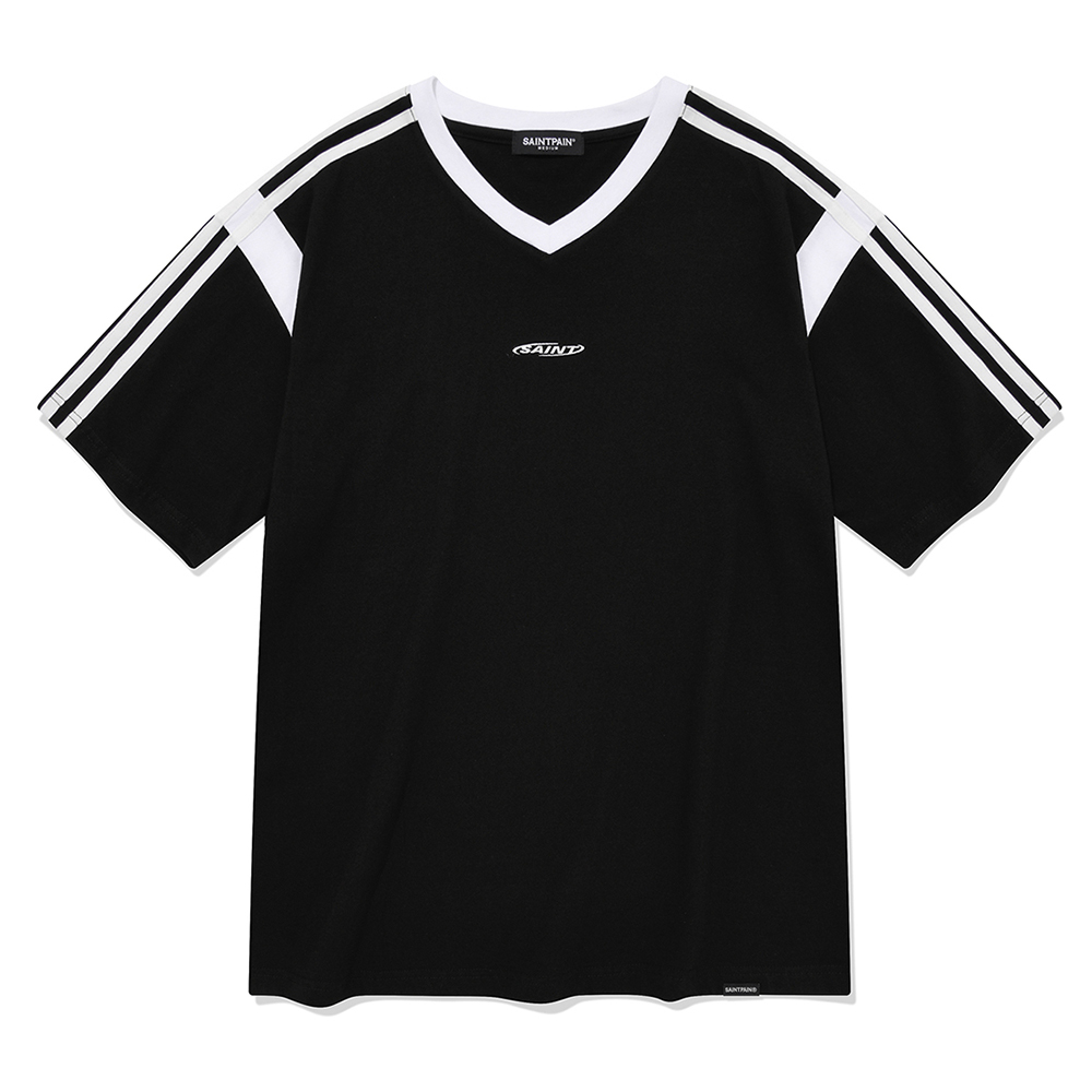 세인트페인 서클 로고 바시티 브이넥 티셔츠-블랙