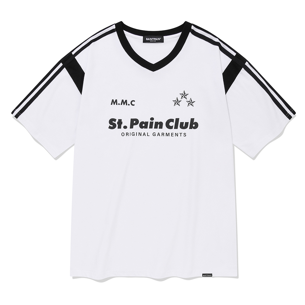 세인트페인 M.M.C 스타 바시티 브이넥 티셔츠-화이트
